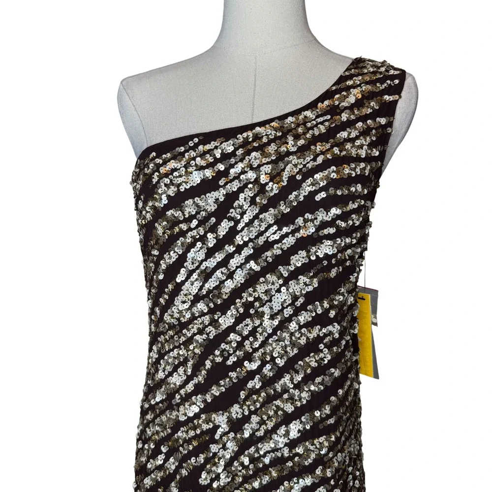 Alice + Olivia Nora One Shoulder Sequin Zebra Dress‎ Brown NEW size 6